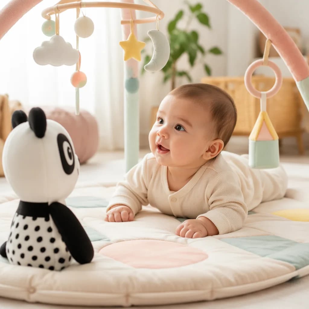Young baby on a soft play mat looking at a familiar toy in a gentle pastel nursery.