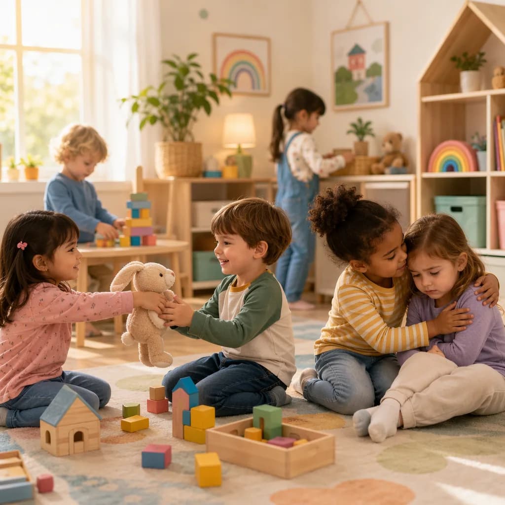 Preschool children playing kindly together in a cozy pastel playroom.