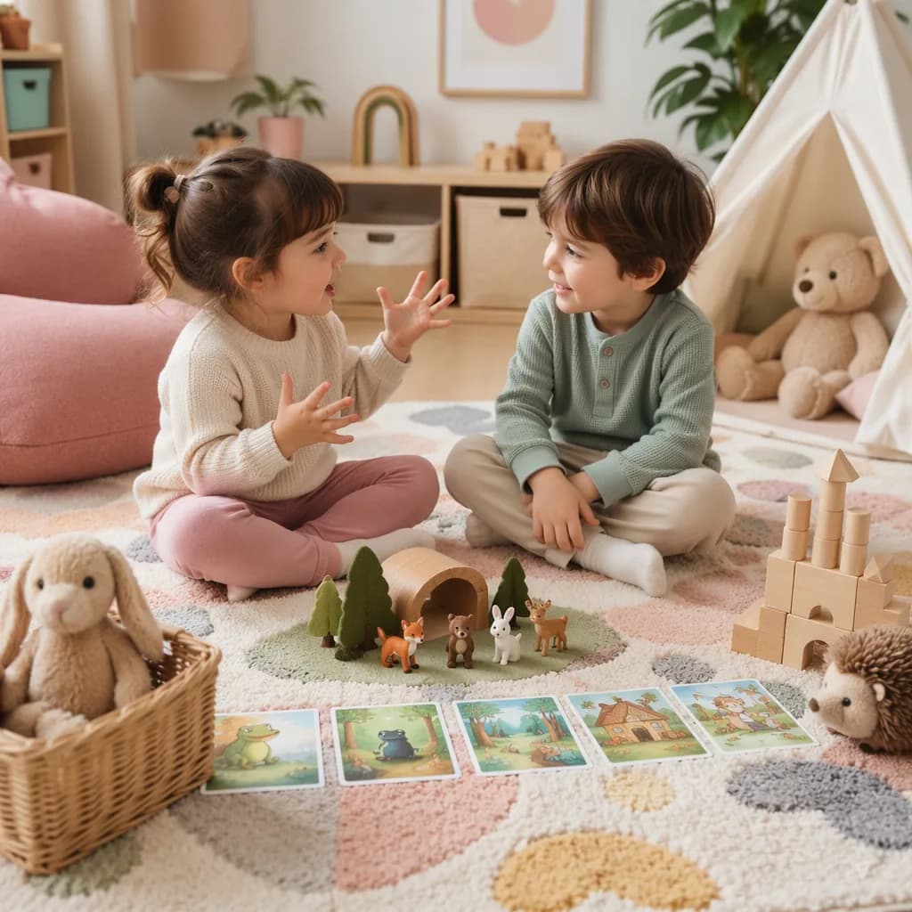 Preschoolers using toys to tell an imaginative story together in a cozy playroom.