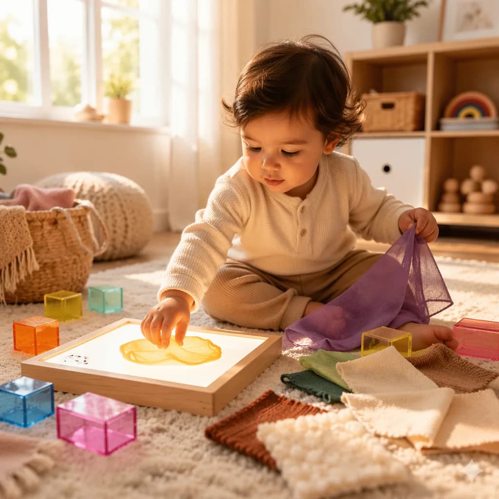Toddler exploring soft textures and gentle light during sensory play.