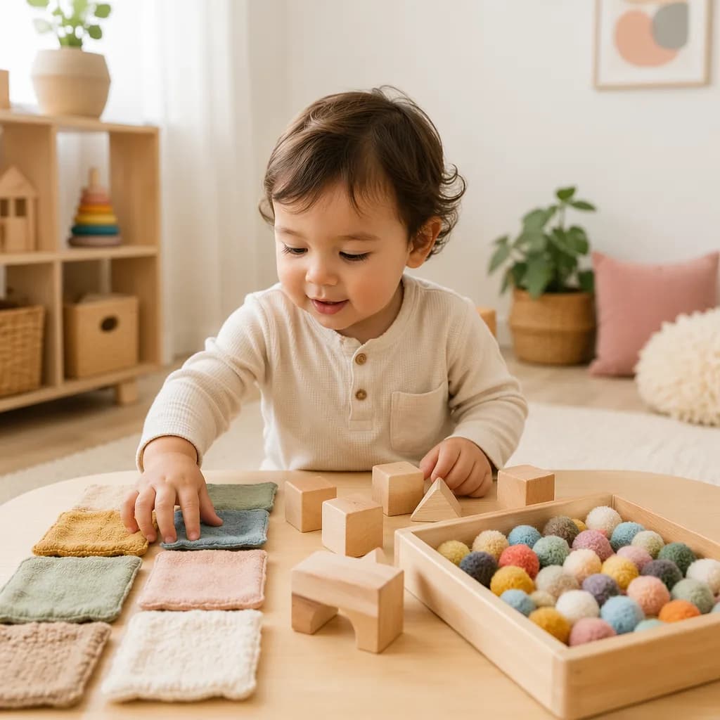 Toddler exploring textures and sensory toys in a cozy pastel playroom