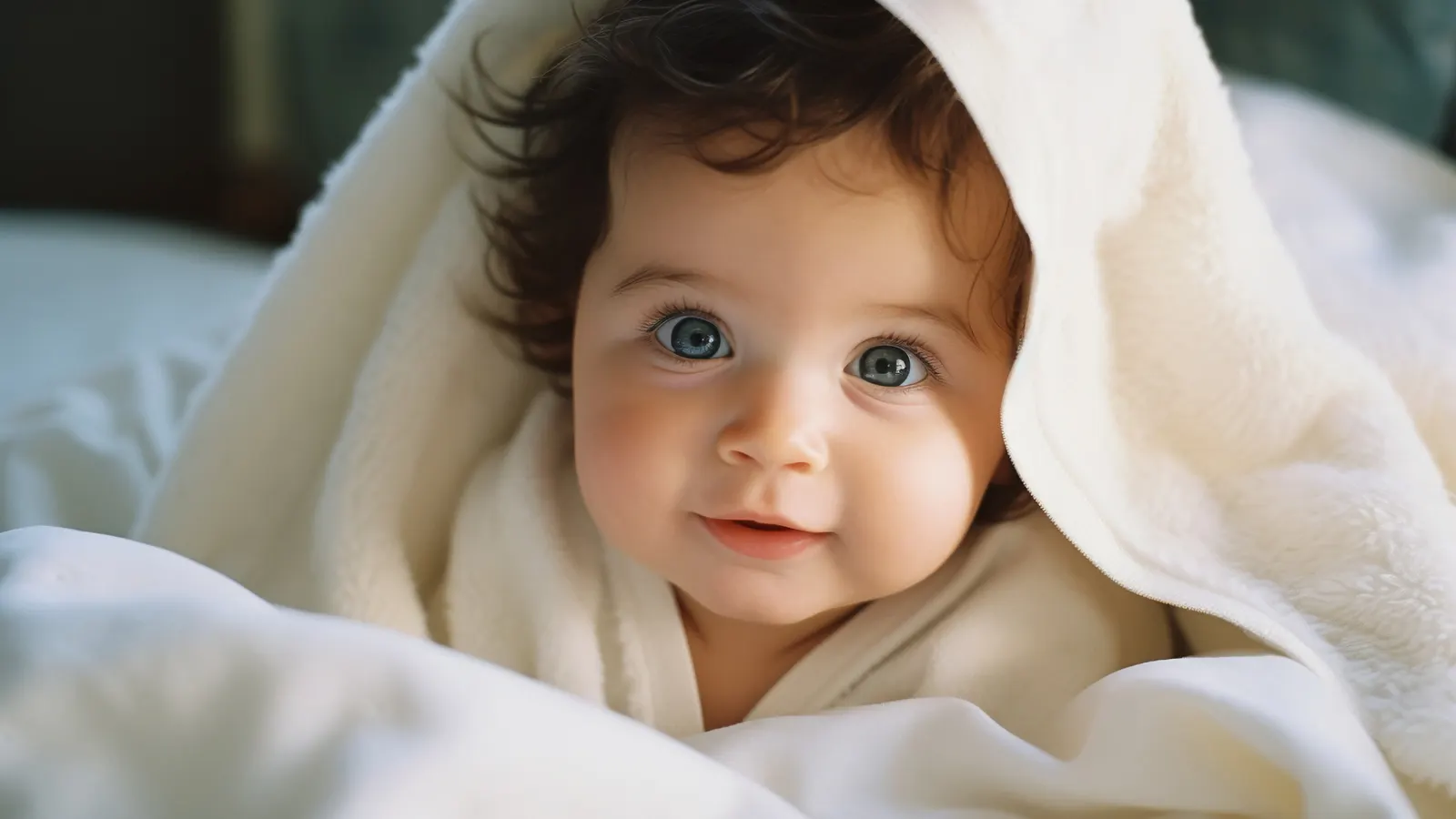 Peaceful newborn baby resting in soft warm light, surrounded by cream and peach tones
